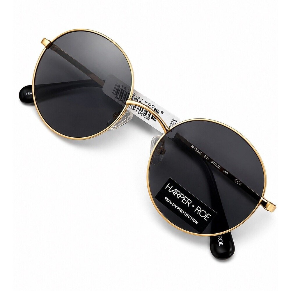 Harper + Roe Round Gold Tone Sunglasses Black Lenses Retro Boho Festival NWT
